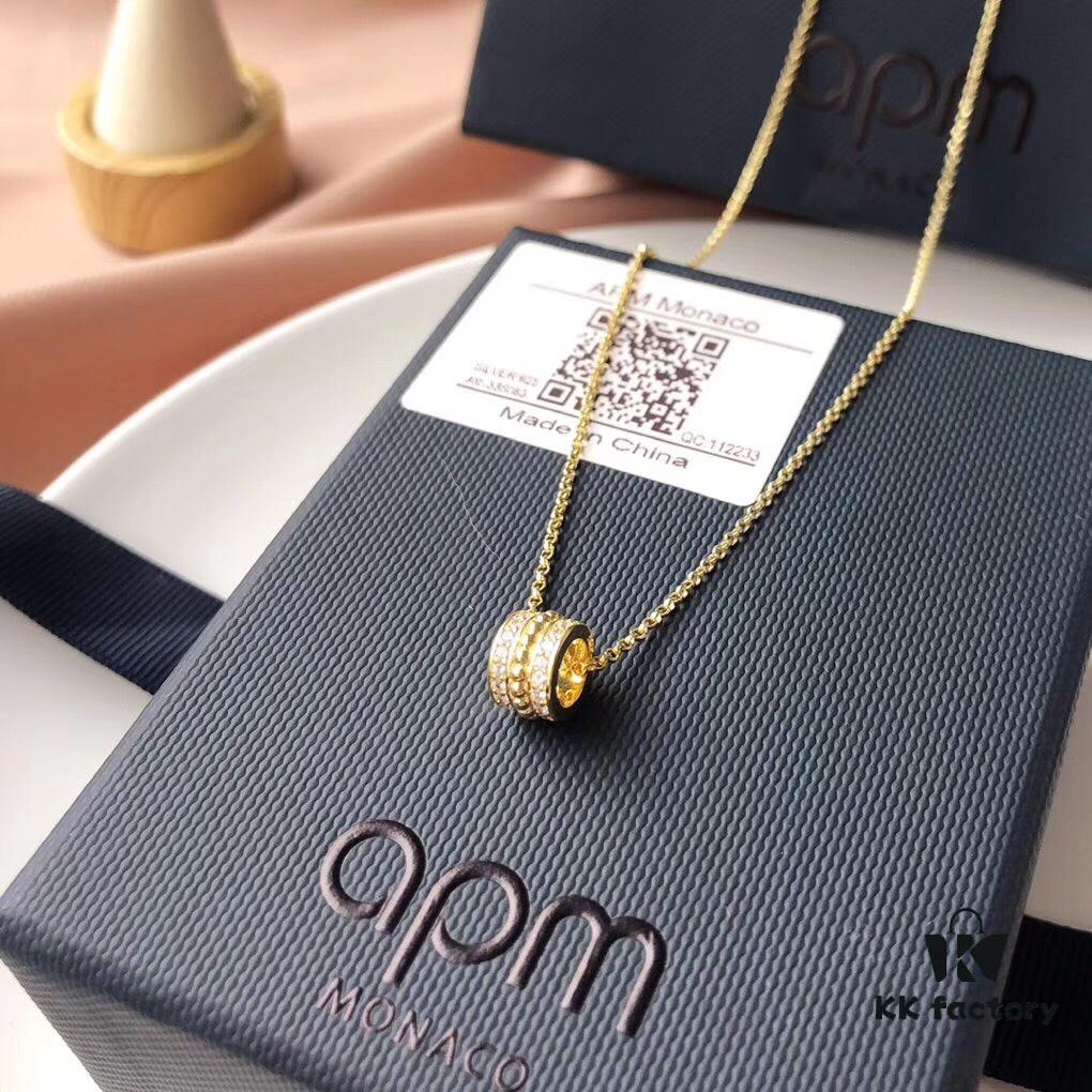 APM Monaco Silver-Plated Gold-Tone Necklace with Crystal Pendant for Women, Elegant Circular Locket Chain