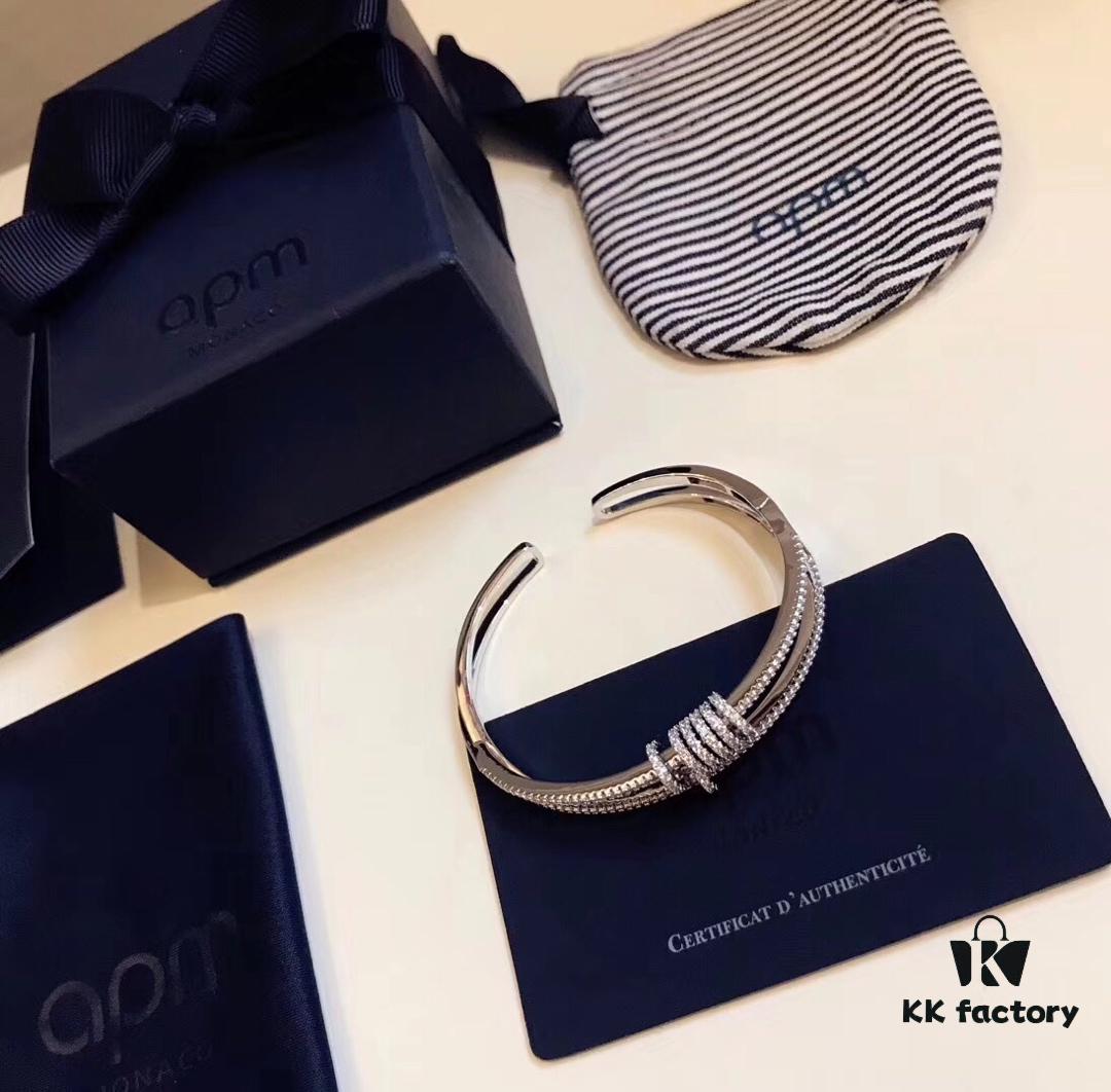 APM Monaco Style Full Diamond Round Open Bangle Bracelet, Double Layer Piercing Cuff, Elegant and Charming