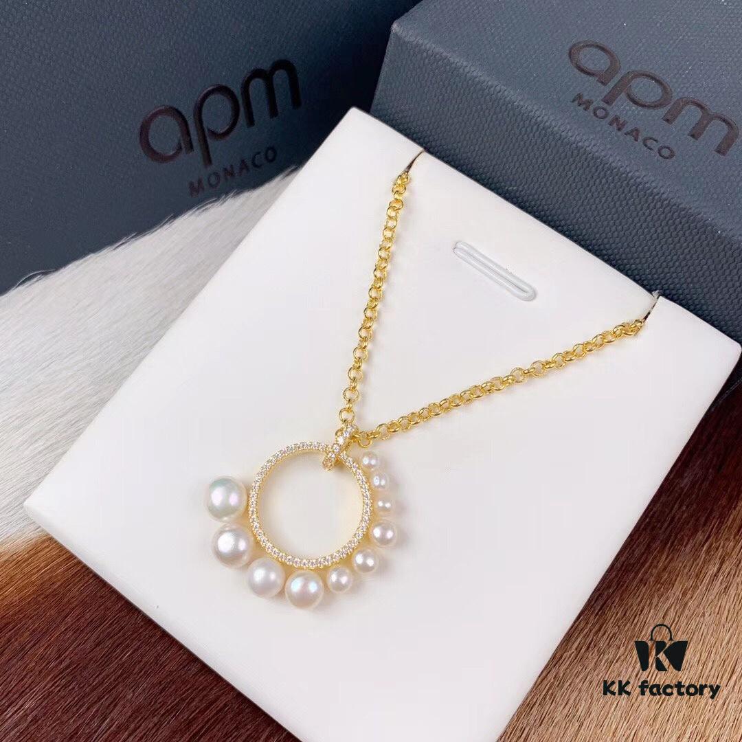 APM Monaco Gold-Tone Sterling Silver Crystal-Paved Pearl Necklace for Women, Pendant Collar Chain with Adjustable Length