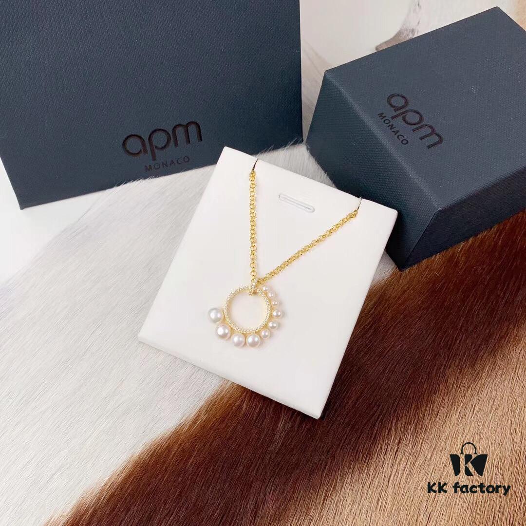 APM Monaco Gold-Tone Sterling Silver Crystal-Paved Pearl Necklace for Women, Pendant Collar Chain with Adjustable Length