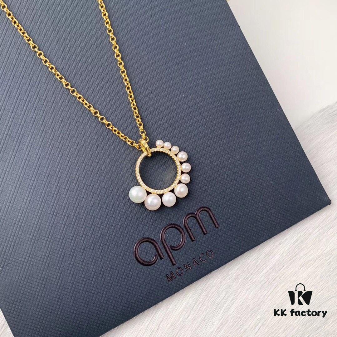 APM Monaco Gold-Tone Sterling Silver Crystal-Paved Pearl Necklace for Women, Pendant Collar Chain with Adjustable Length