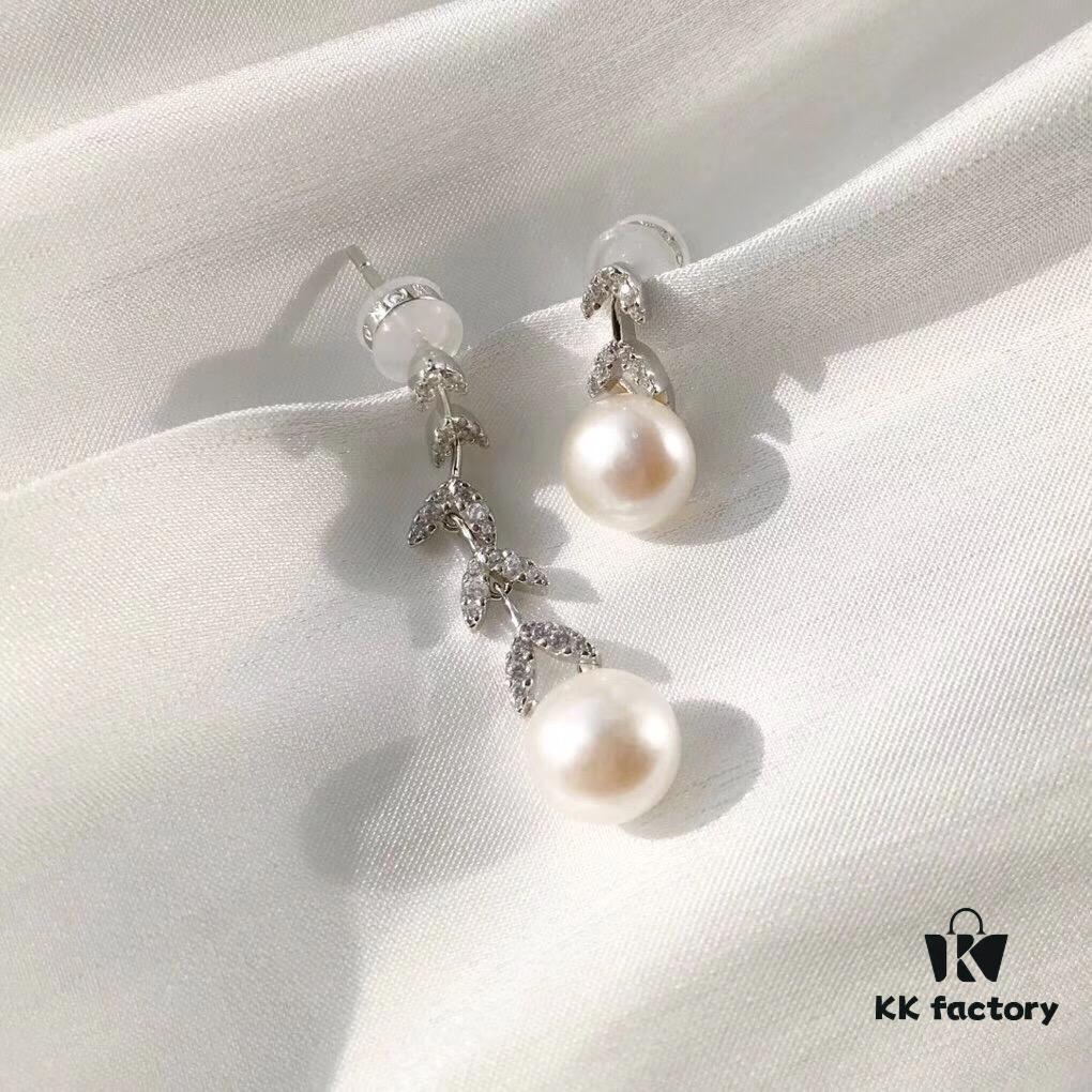 APM Monaco Asymmetrical Petal with Freshwater Pearl Earrings, Designer Silver Drop Earrings for Women