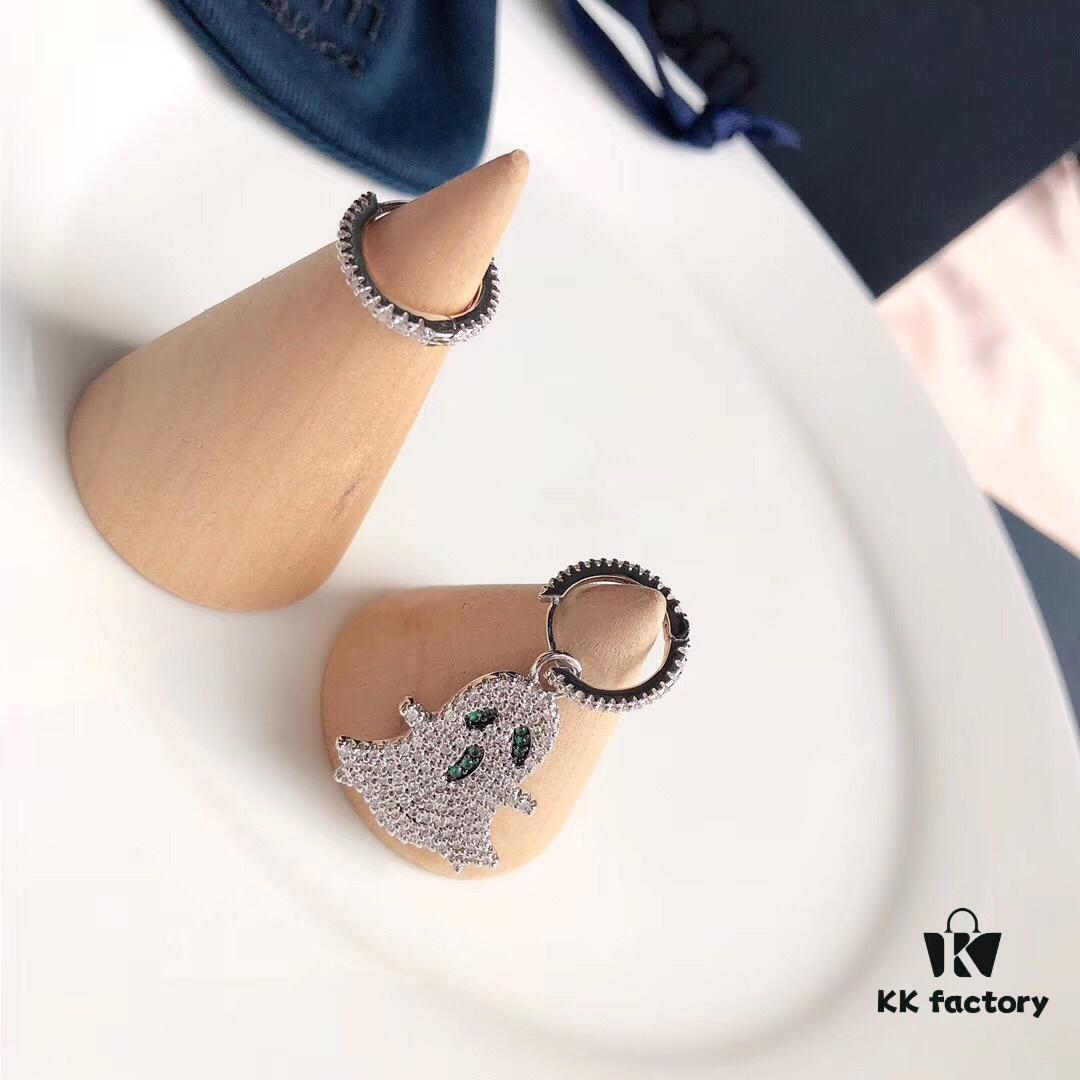 APM Monaco Asymmetrical S925 Sterling Silver Ghost-Shaped Earrings with Green Crystals