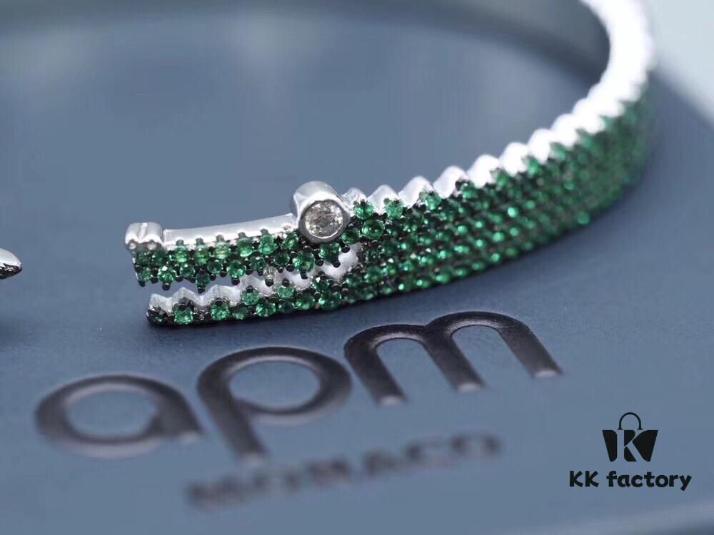 APM Monaco JANVIER Collection Silver Plated Mint Green Crystal Crocodile Cute Open Bangle Bracelet for Women