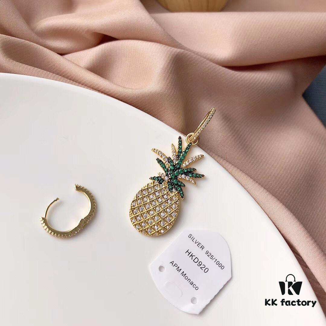 GLNaza Same Style‼️ APM Monaco Pineapple Earrings Golden Asymmetric Long Earrings for Women, Ins-Style Pineapple Pendant Earrings, Elegant Fashion Silver Jewelry, 925 Sterling Silver with Micro-Paved Crystals Gold Plated, Latest Counter New Arrival, Returnable if Not Satisfied, Complete Packaging