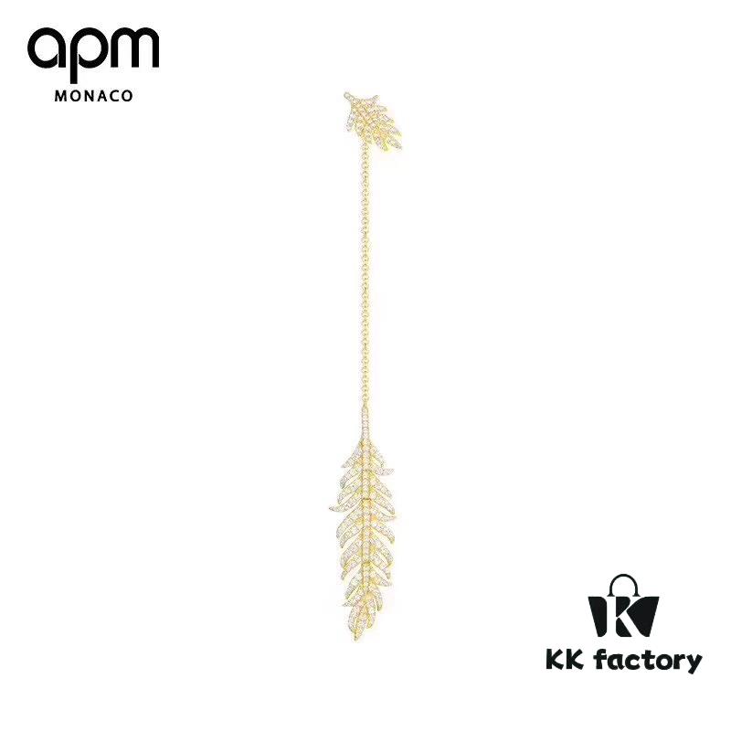 APM Monaco Single Gold-Tone Silver Crystal-Encrusted Feather Earring, Long Tassel Design with Moving Feathers That Sway in the Wind, Ear Stud Can Be Worn Separately – Showcase Video Available