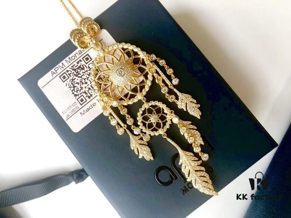 APM Monaco Gold-Tone Silver Crystal Dreamcatcher Vintage Minimalist Fashion Statement Necklace for Women