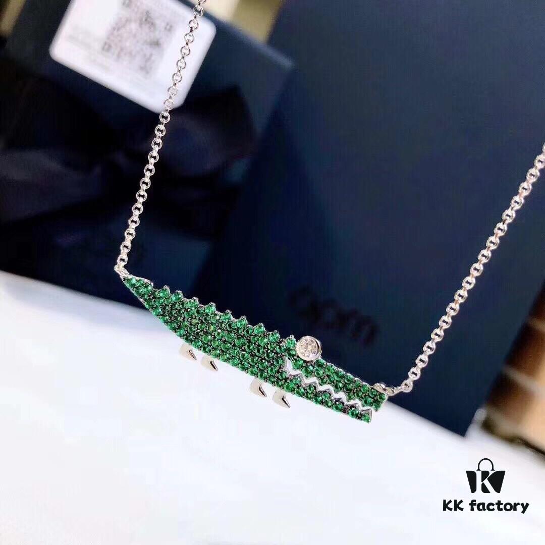 APM Monaco JANVIER Collection Crocodile Pendant Necklace with Mint Green Crystals, Adjustable Chain