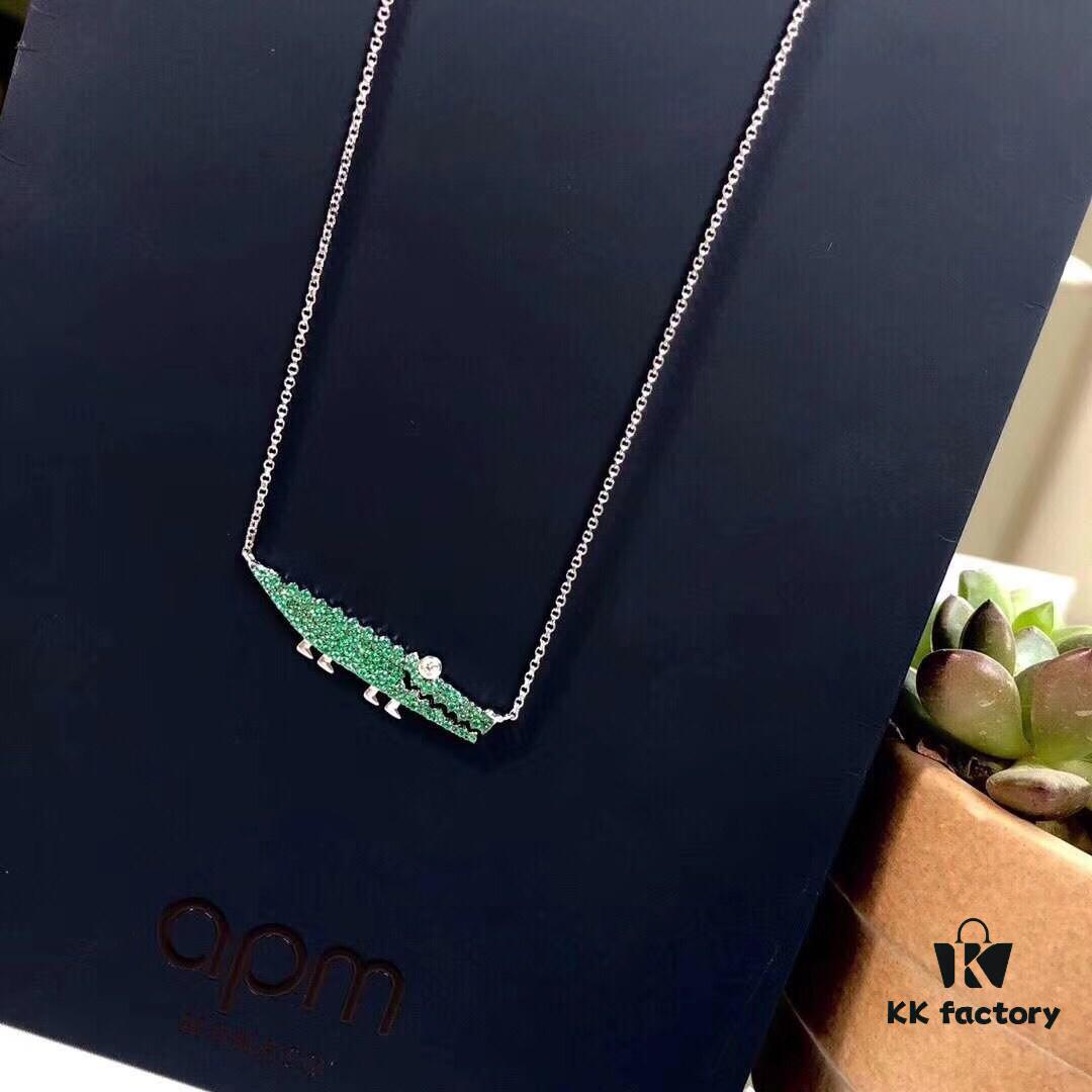 APM Monaco JANVIER Collection Crocodile Pendant Necklace with Mint Green Crystals, Adjustable Chain