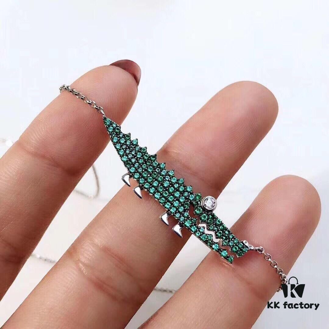 APM Monaco JANVIER Collection Crocodile Pendant Necklace with Mint Green Crystals, Adjustable Chain