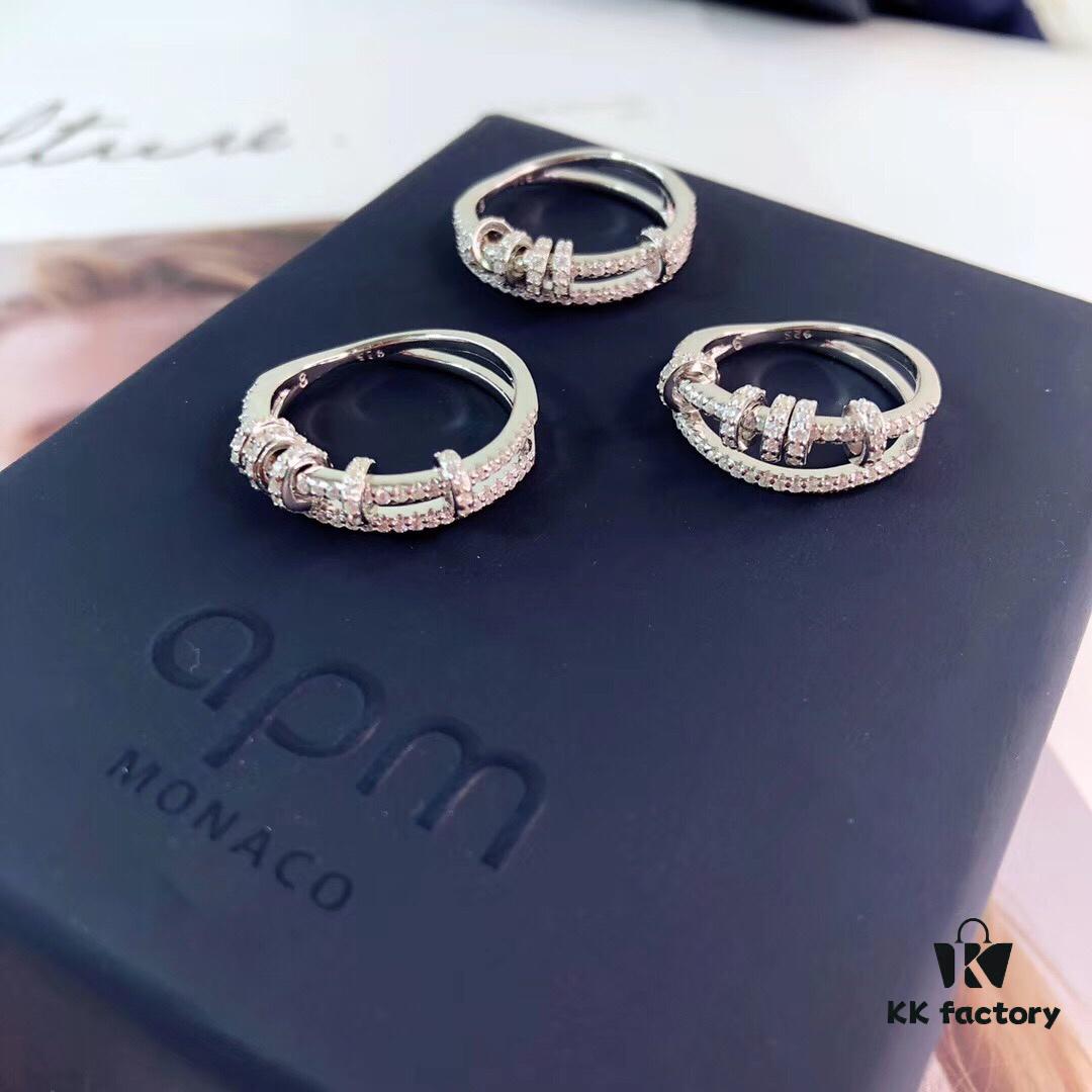 APM Monaco Double Layer Interlocking Ring in S925 Sterling Silver, Dyed Heat and Liu Shishi's Style, US Size 6-7-8