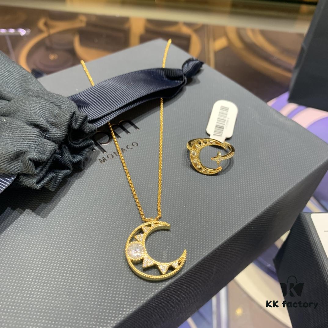 New Arrival A Monaco Dreamy Crescent Moon Hollow-out Necklace, Stud Earrings, and Ring 2020 Fashion Trend