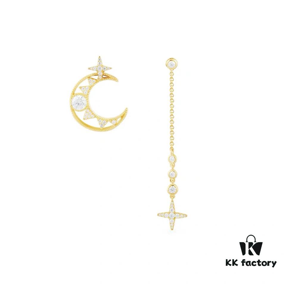New Arrival A's Monaco Asymmetric Moon and Star Earrings, Dreamy Sweet Fairy-like Fashion Ear Drops