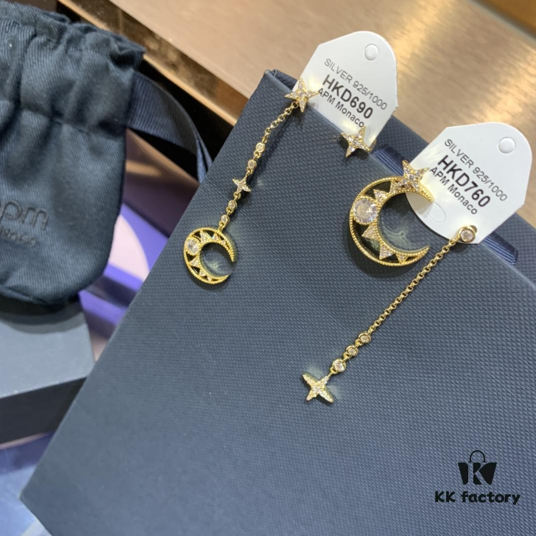 New Arrival A's Monaco Asymmetric Moon and Star Earrings, Dreamy Sweet Fairy-like Fashion Ear Drops