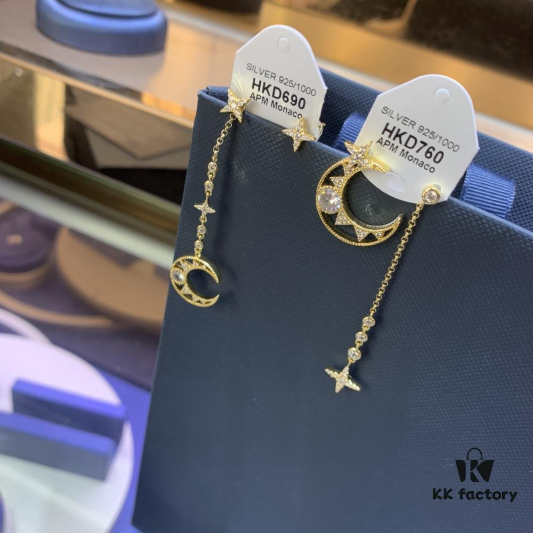 New Arrival A's Monaco Asymmetric Moon and Star Earrings, Dreamy Sweet Fairy-like Fashion Ear Drops