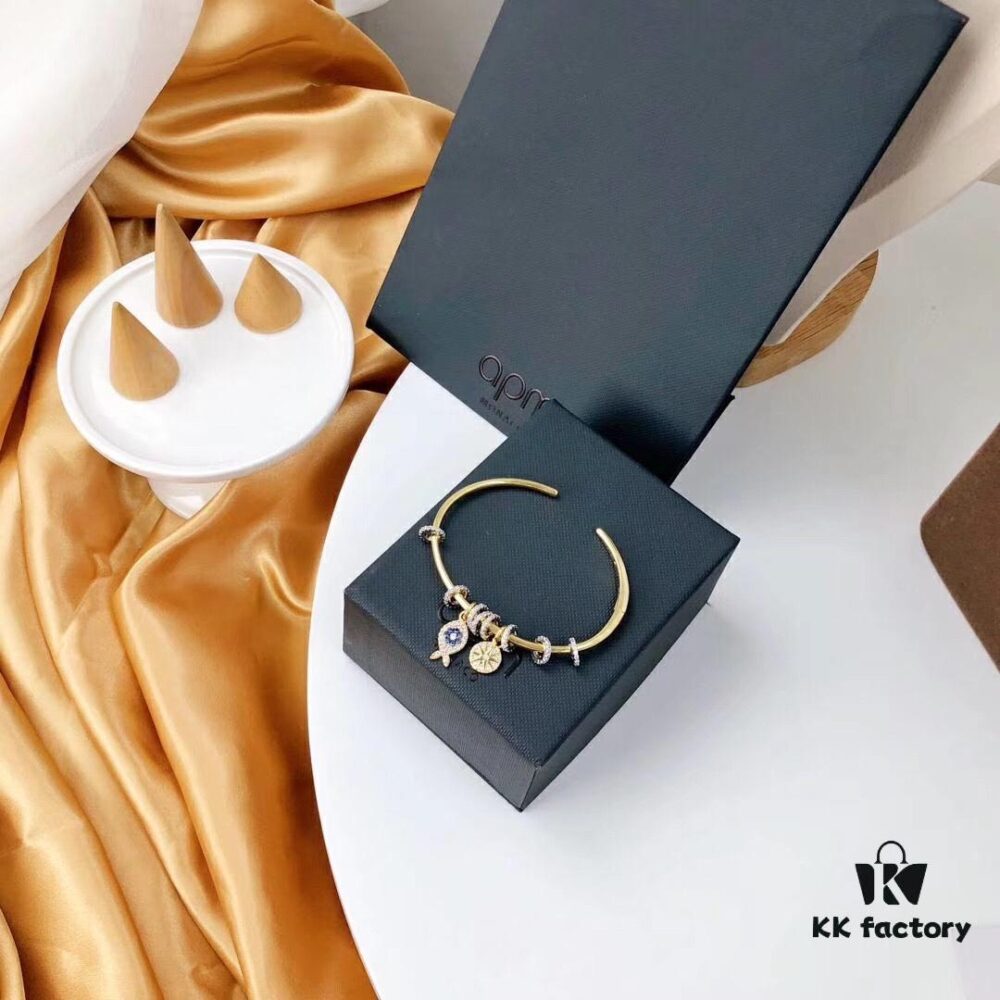 APM Monaco Lucky Little Fish Bracelet with Sliding Ring in Gold-Tone, Stylish and Unique Open Cuff Bangle Jewelry in Silver