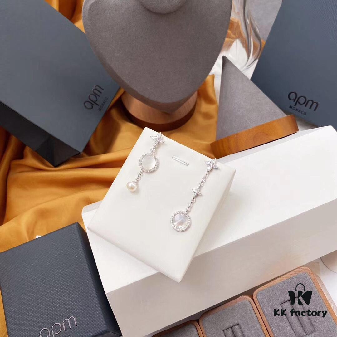 APM Monaco Mother-of-Pearl and Pearl Drop Earrings for Women, Asymmetric Luxury Jewelry, Elegant Long Dangle Earrings for Fall/Winter Events