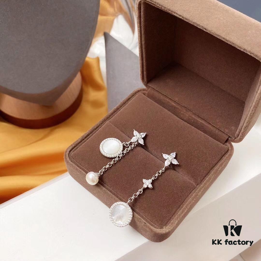 APM Monaco Mother-of-Pearl and Pearl Drop Earrings for Women, Asymmetric Luxury Jewelry, Elegant Long Dangle Earrings for Fall/Winter Events