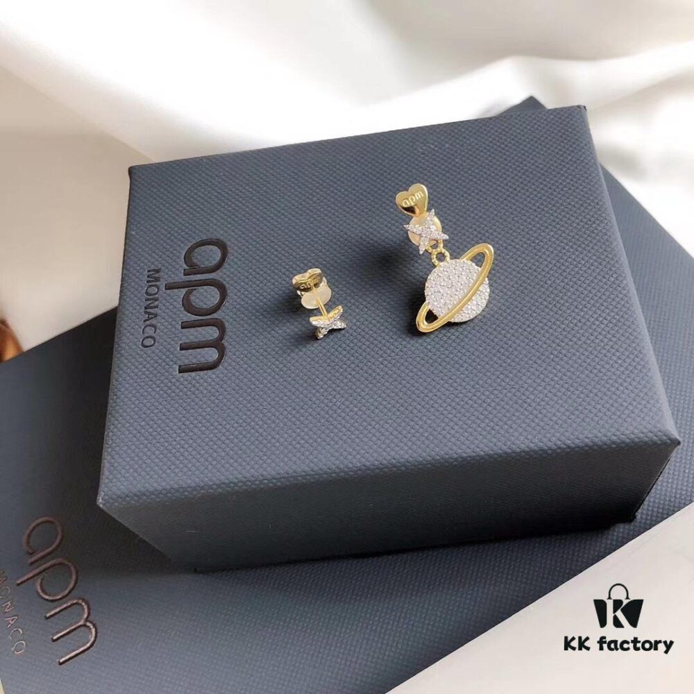 APM Monaco Pink Planet Asymmetrical Earrings for Women, Cute Long Dangle Studs, Elegant and Minimalist Silver Jewelry