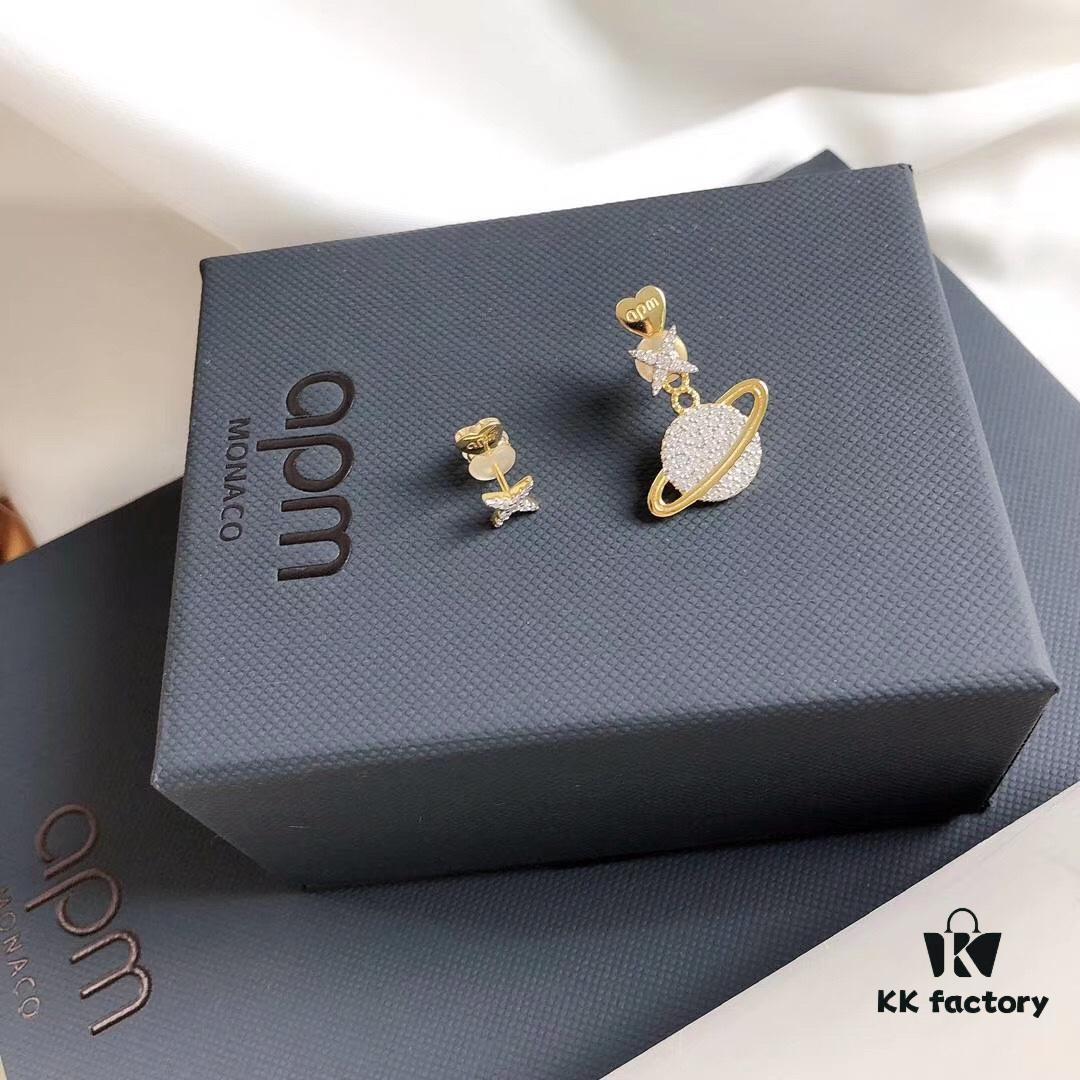 APM Monaco Pink Planet Asymmetrical Earrings for Women, Cute Long Dangle Studs, Elegant and Minimalist Silver Jewelry