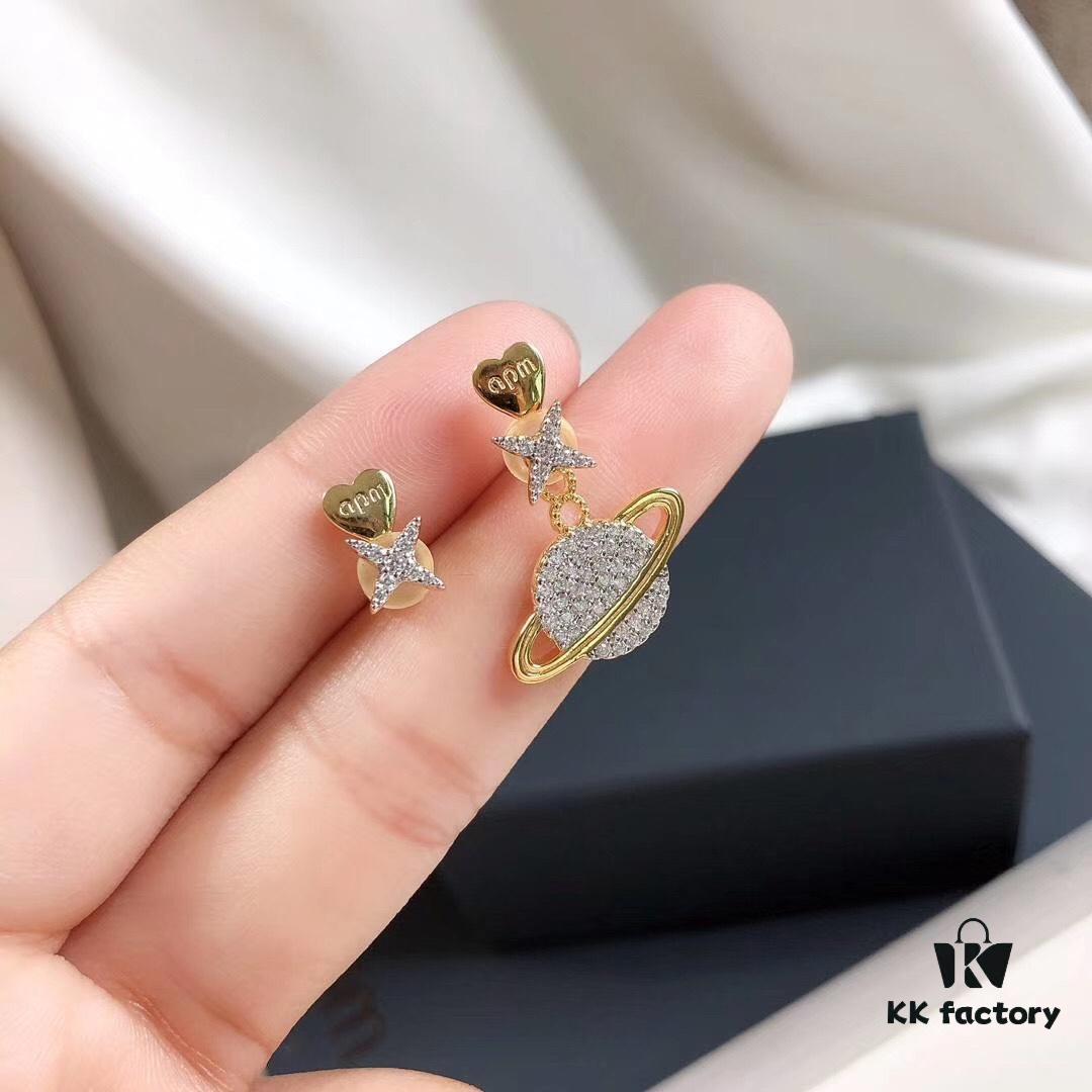 APM Monaco Pink Planet Asymmetrical Earrings for Women, Cute Long Dangle Studs, Elegant and Minimalist Silver Jewelry