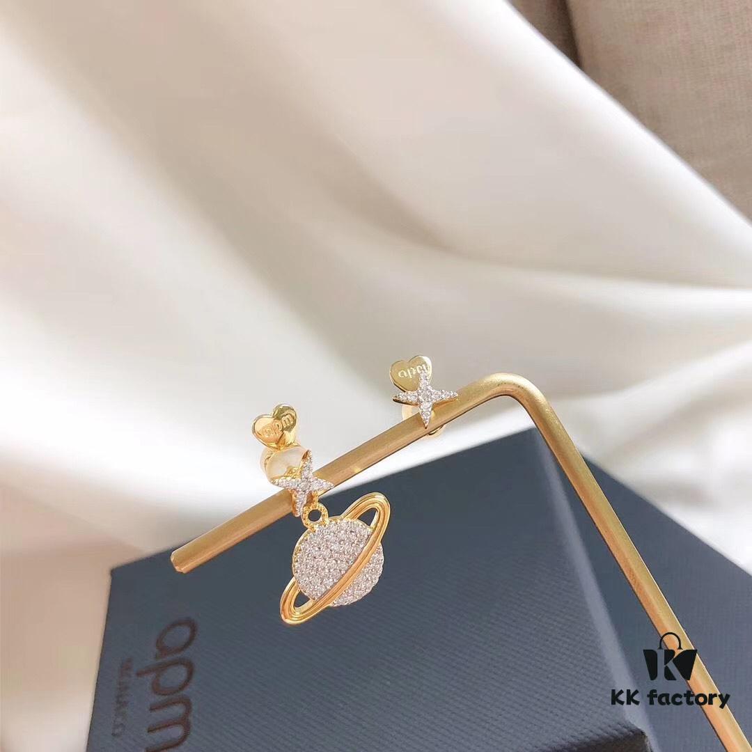 APM Monaco Pink Planet Asymmetrical Earrings for Women, Cute Long Dangle Studs, Elegant and Minimalist Silver Jewelry