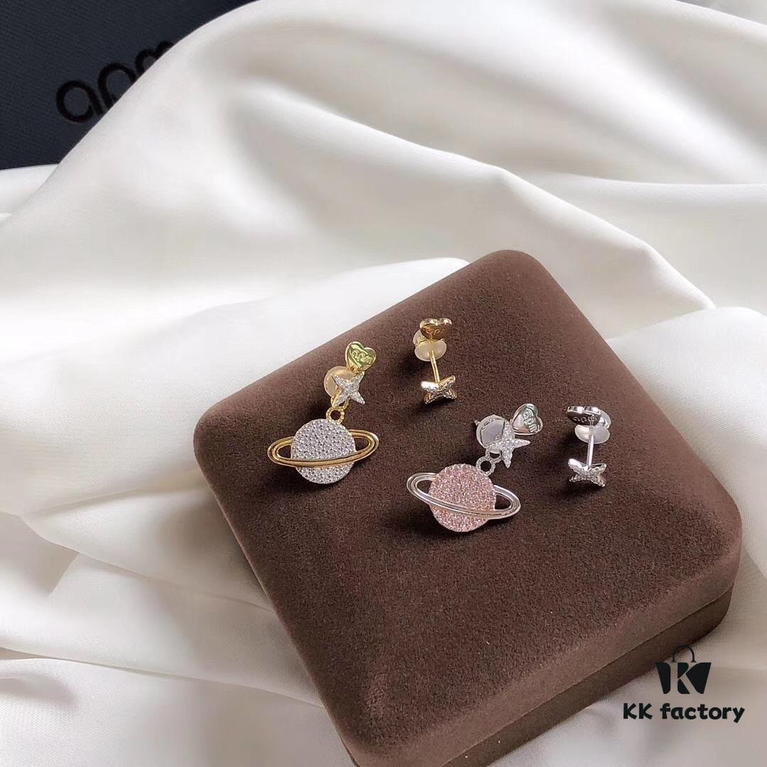 APM Monaco Pink Planet Asymmetrical Earrings for Women, Cute Long Dangle Studs, Elegant and Minimalist Silver Jewelry