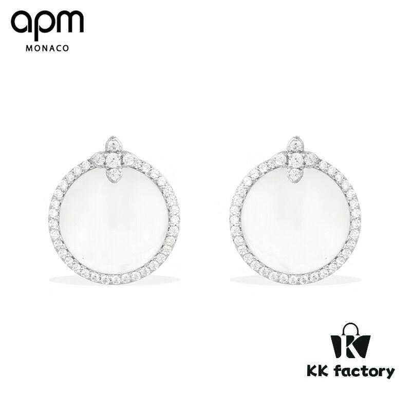 APM Monaco Silver Crystal-Encrusted Mother-of-Pearl Earrings for Women, Delicate Petal Design, Elegant White Mother-of-Pearl Studs That Make You Radiant from Every Angle
