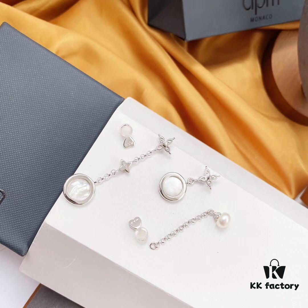 APM Monaco Mother-of-Pearl and Pearl Drop Earrings for Women, Asymmetric Luxury Jewelry, Elegant Long Dangle Earrings for Fall/Winter Events