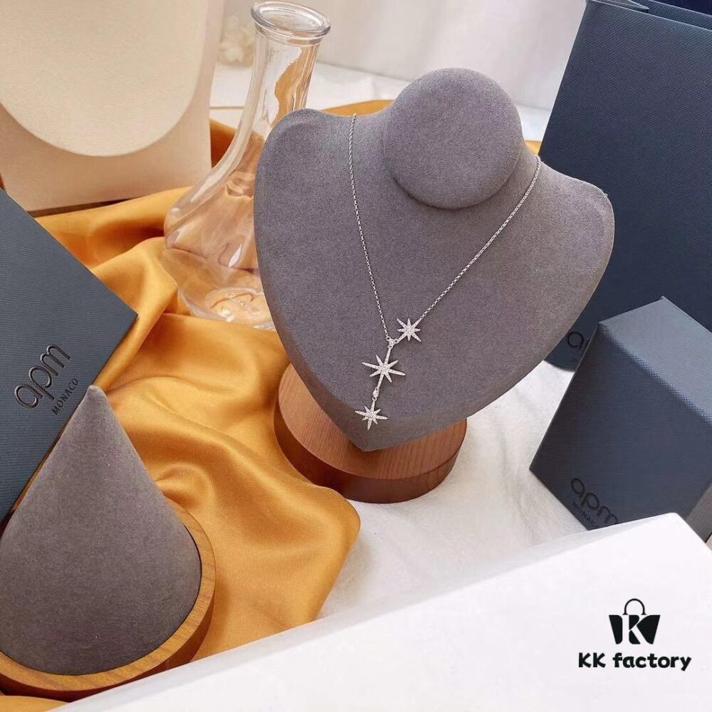 APM Monaco Minimalist Three Shooting Stars Necklace for Women, Six-Pointed Star Collar Chain, Silver Pendant for Sweaters, Elegant Party Jewelry