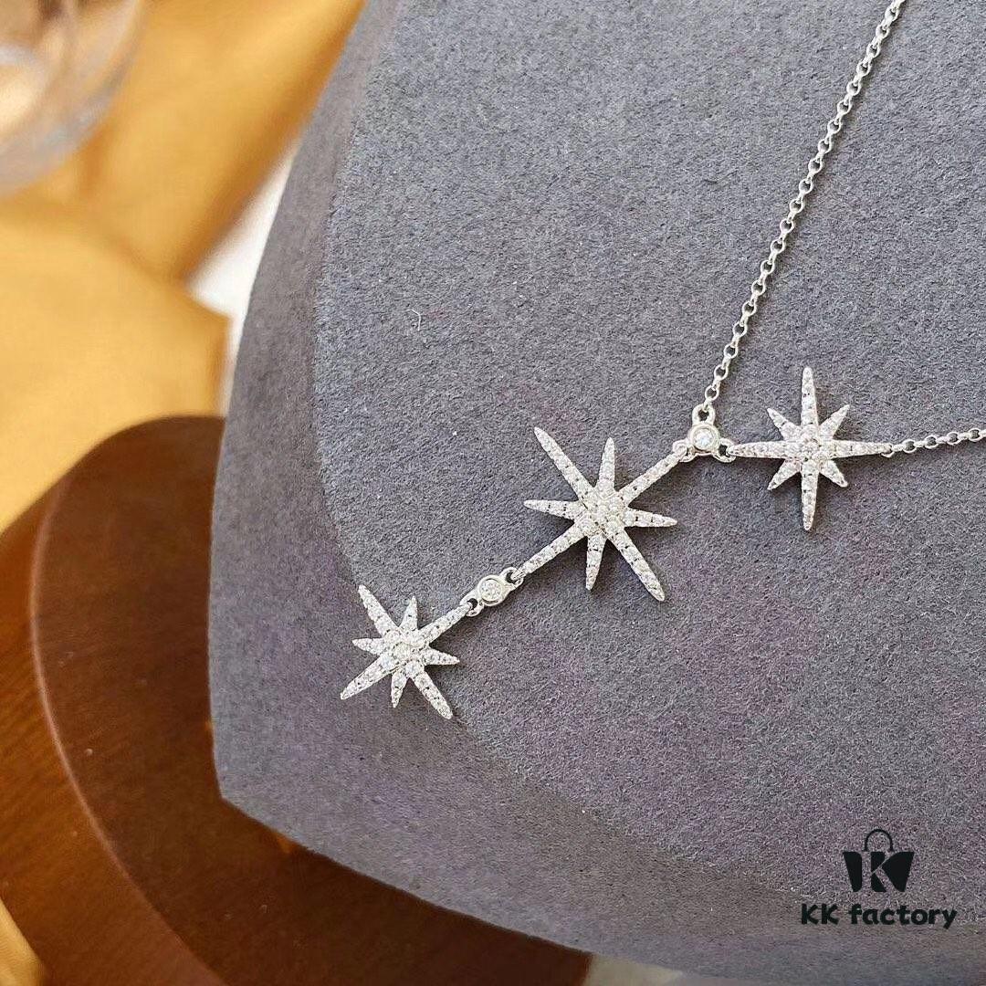 APM Monaco Minimalist Three Shooting Stars Necklace for Women, Six-Pointed Star Collar Chain, Silver Pendant for Sweaters, Elegant Party Jewelry