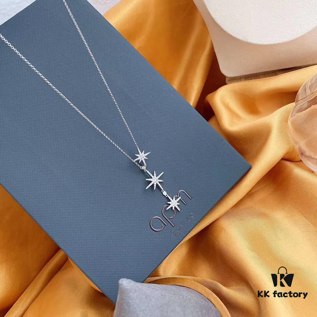 APM Monaco Minimalist Three Shooting Stars Necklace for Women, Six-Pointed Star Collar Chain, Silver Pendant for Sweaters, Elegant Party Jewelry