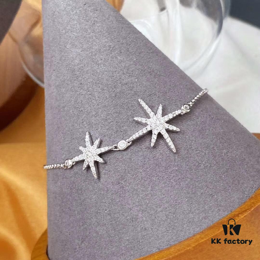 APM Monaco Double Shooting Star Silver Bracelet for Women, Six-Pointed Star Elegant Jewelry, Minimalist Luxury Gift for New Year