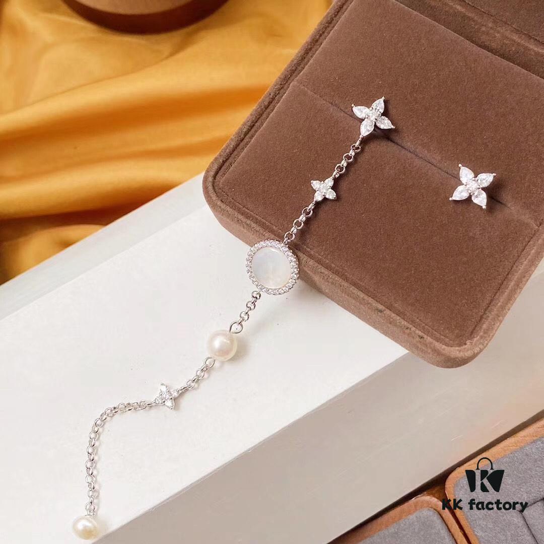 APM Monaco Mother-of-Pearl Freshwater Pearl Earrings for Women, Long Asymmetrical Tassel Drop Earrings, Elegant Silver Jewelry