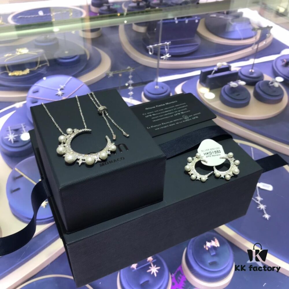 A's Monaco Arabian Nights Crescent Moon and Star Freshwater Pearl Necklace with Symmetrical Earrings, Delicate Collar for Women