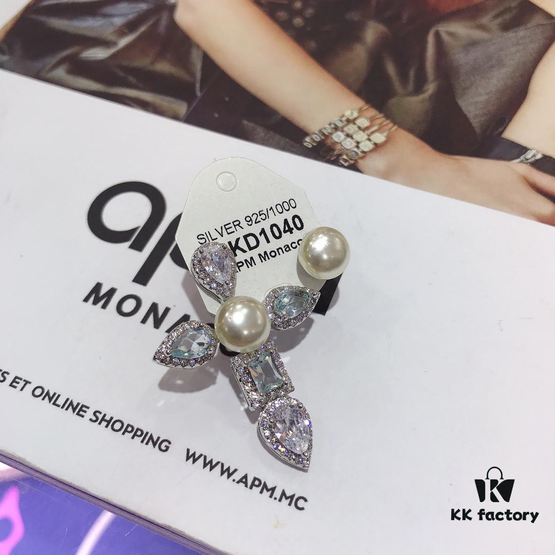 APM Monaco Asymmetrical Cross Pearl Stud Earrings