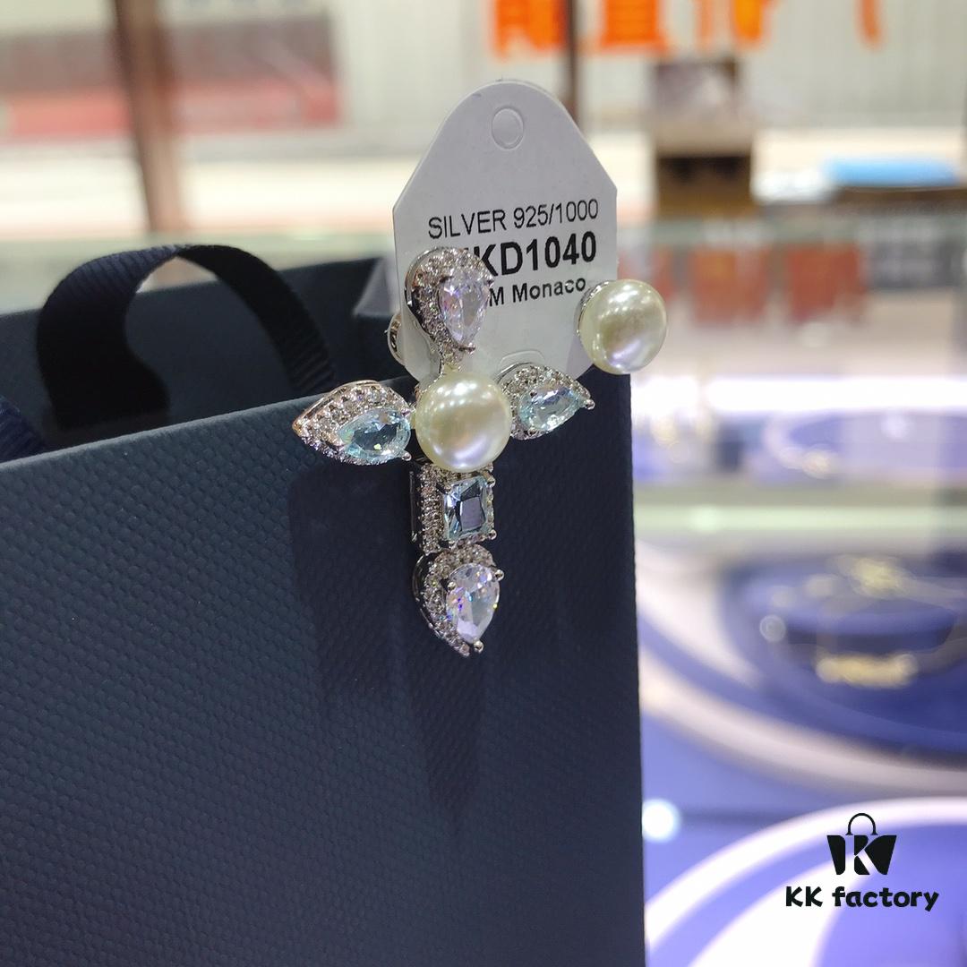 APM Monaco Asymmetrical Cross Pearl Stud Earrings