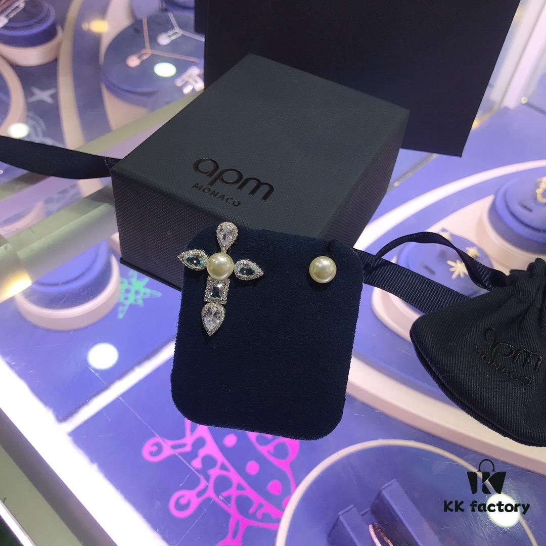 APM Monaco Asymmetrical Cross Pearl Stud Earrings