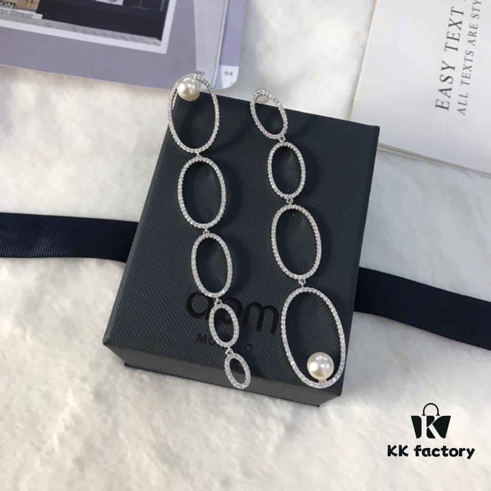 APM Monaco Asymmetrical Interlocking Circle Pearl Long Tassel Earrings for Women