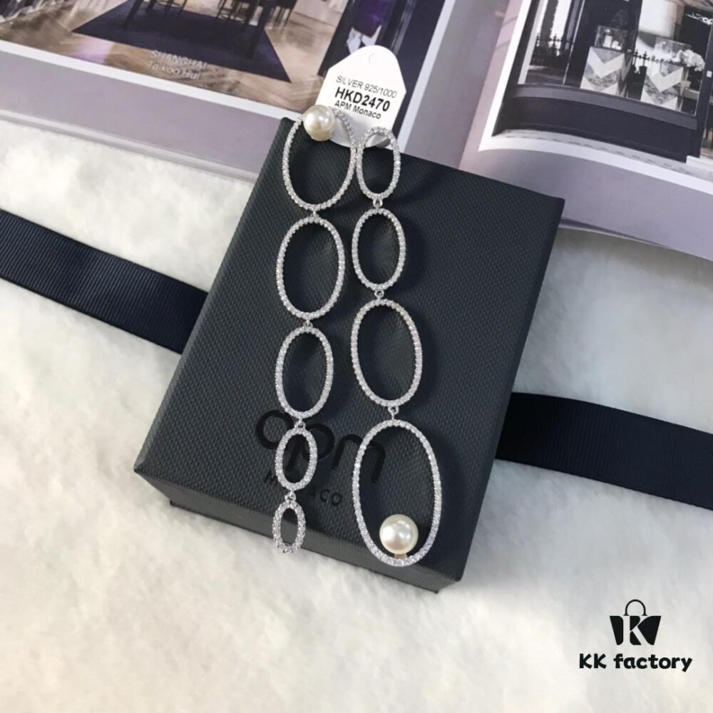 APM Monaco Asymmetrical Interlocking Circle Pearl Long Tassel Earrings for Women