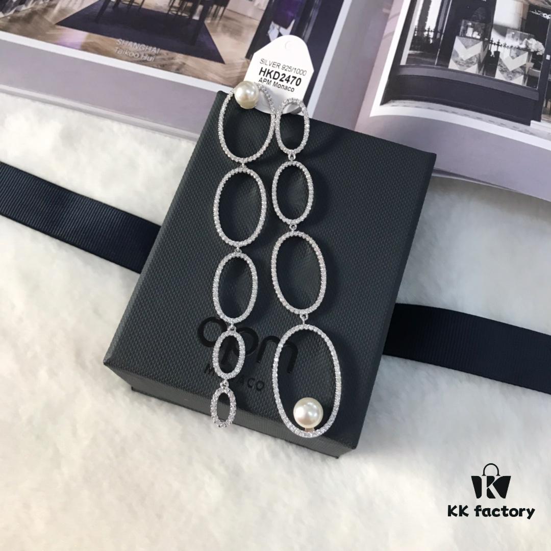 APM Monaco Asymmetrical Interlocking Circle Pearl Long Tassel Earrings for Women