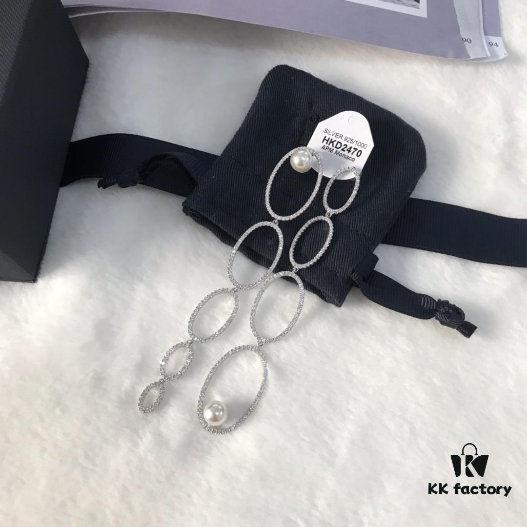 APM Monaco Asymmetrical Interlocking Circle Pearl Long Tassel Earrings for Women