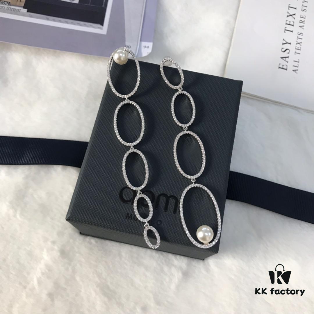 APM Monaco Asymmetrical Interlocking Circle Pearl Long Tassel Earrings for Women