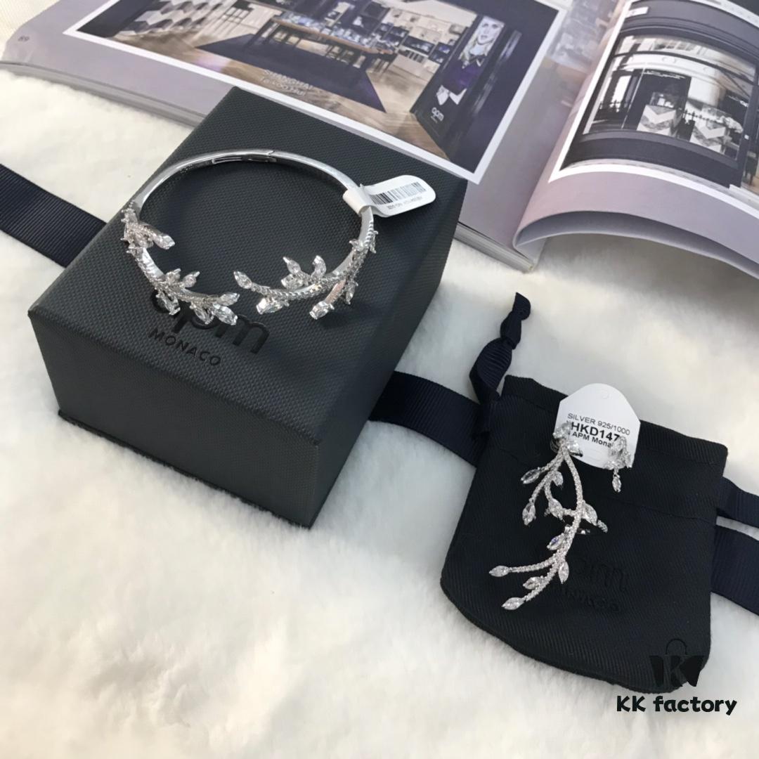 APM Monaco Olive Branch Bracelet and Earrings/Ear Clips Set