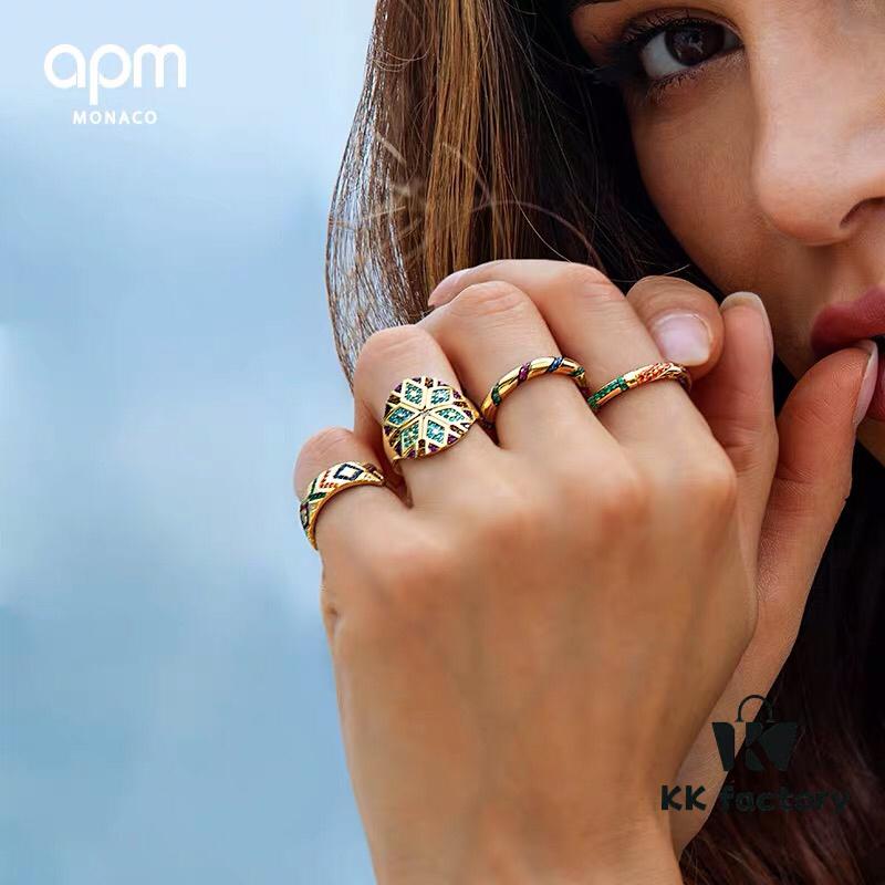 APM Monaco Colorful Tribe Round Statement Ring for Women, Golden Geometric Pattern Decorated Index Finger Ring