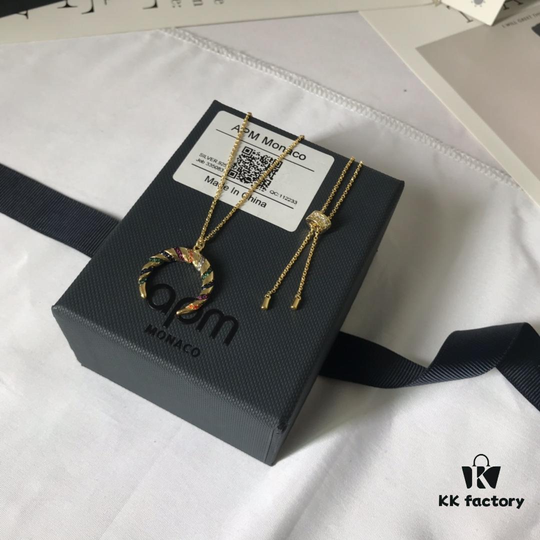 APM Monaco Multicolor Striped Retro Necklace for Women, Crescent Pendant Clavicle Chain