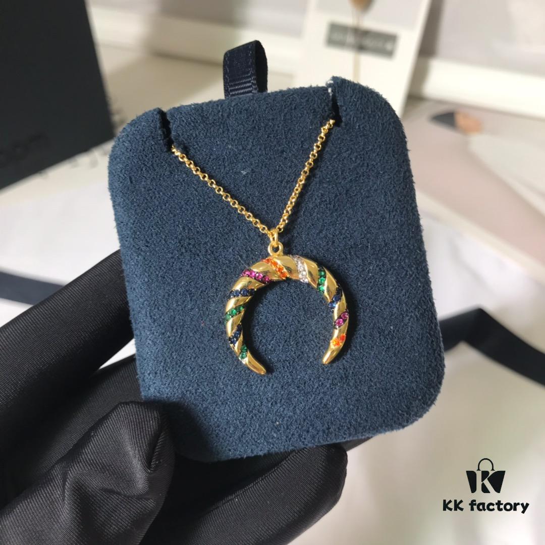 APM Monaco Multicolor Striped Retro Necklace for Women, Crescent Pendant Clavicle Chain