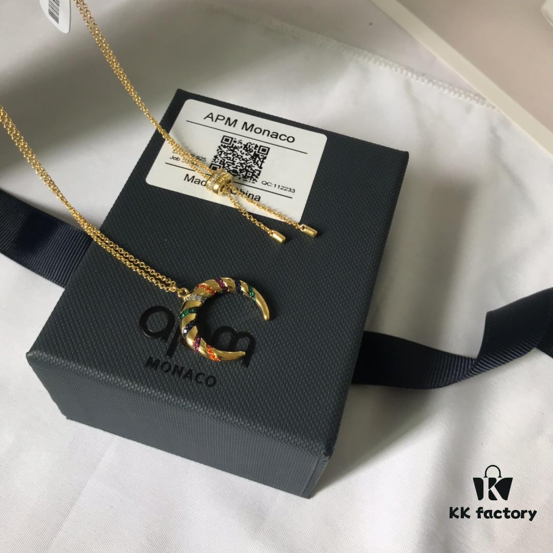 APM Monaco Multicolor Striped Retro Necklace for Women, Crescent Pendant Clavicle Chain