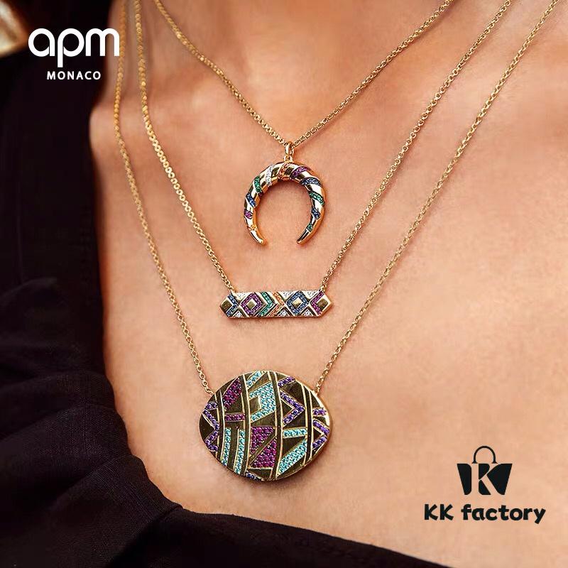 APM Monaco Multicolor Striped Retro Necklace for Women, Crescent Pendant Clavicle Chain