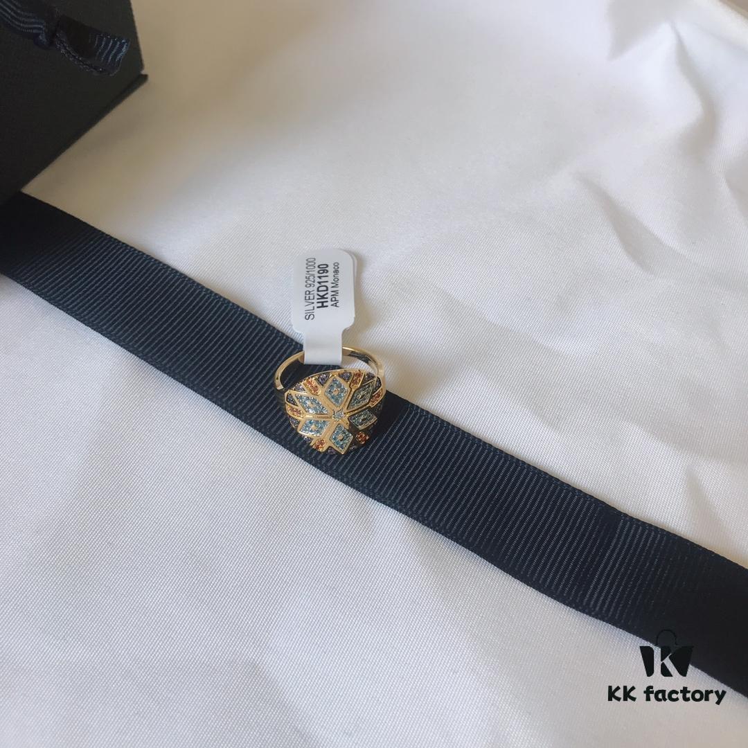 APM Monaco Colorful Tribe Round Statement Ring for Women, Golden Geometric Pattern Decorated Index Finger Ring